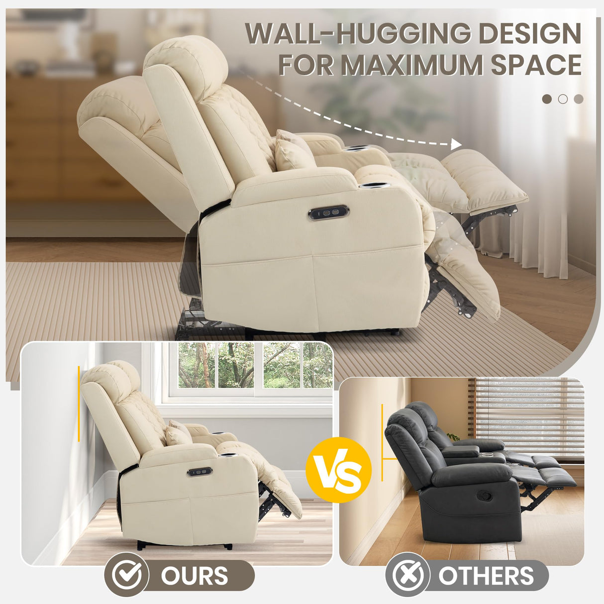 CALIVIA Wall Hugger Power Reclining Loveseat with Manual Adjustable Headrests, Electric Recliner Sofa with USB/Type-C Ports, Cup Holders – Perfect for RV and Small Spaces (Beige) CALIVIA