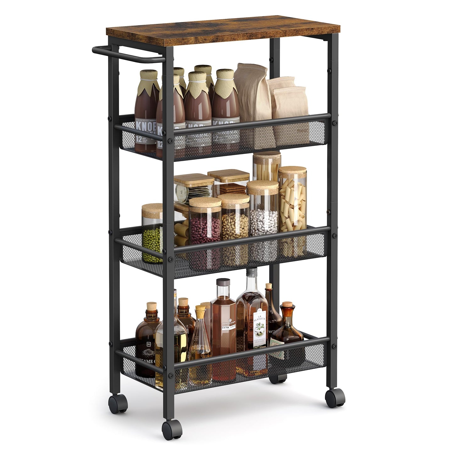 VASAGLE Slim Rolling Cart, 4-Tier Storage Cart, Narrow Cart with Handle, 8.7 Inches Deep, Metal Frame, for Kitchen, Dining Room, Living Room, Home Office, Rustic Brown and Classic Black ULRC0 - WoodArtSupply