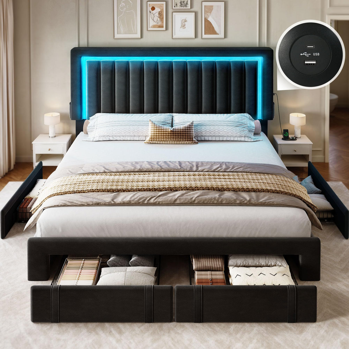 YITAHOME Queen Size Bed Frame with Adjustable Headboard, 4 Storage Drawers and RGB LED Lights, Velvet Upholstered Platform Bed with USB Ports, No Box Spring Needed, Fast Assembly, Noise-Free, Black YITAHOME