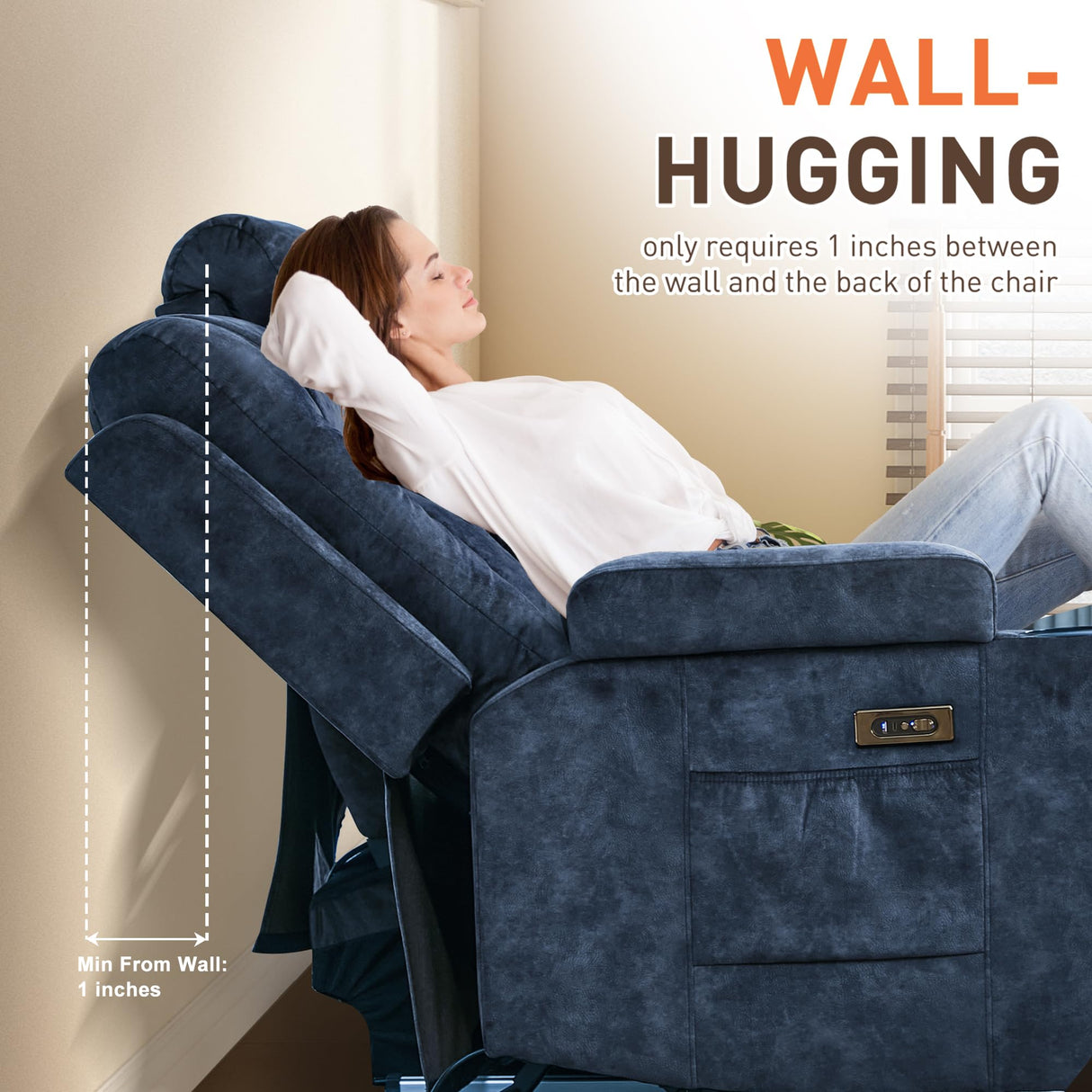 Houjud Power Reclining Loveseat Recliner Sofa with Console, Wall-Hugger RV Couch with USB Ports, Cup Holders, Bluetooth Speakers & Ambient Lighting for Home Theater or Camper, Velvet, Blue Houjud