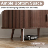 69" Mid Century Modern TV Stand with Charging Station, Farmhouse Curved Round Edge TV and Media Console Table with Drawer and Shelf, Fluted Entertainment Center for Living Room, Bedroom, Walnut Alohappy