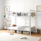 Jocoevol Bunk Bed Twin Over Twin, Heavy Duty Metal Industrial Bunkbeds with Ladder and Full-Length Guardrail, Convertible into 2 Individual Beds, Under-Bed Storage Space (White, Twin) Jocoevol