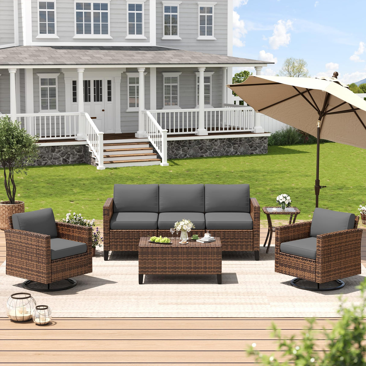Amopatio Patio Furniture Set, Wicker Outdoor Sectional Sofa Sets, 7 Pieces Rattan Conversation Set with Storage Table, Swivel Chairs Include Waterproof, (Grey) Amopatio