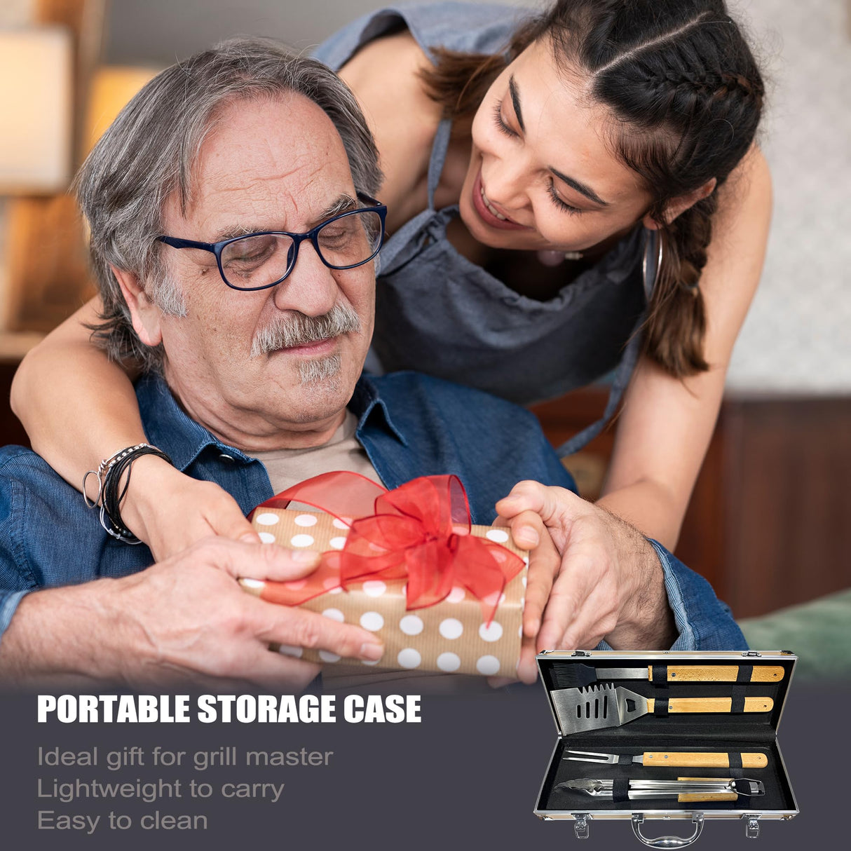 Valentines Day Grilling Accessories Gifts for Men, Heavy Duty Wooden BBQ Kit with Apron for Backyard, Thick Stainless Steel Grill Utensils with Non-Slip Handle Tools in Portable Bag for Dad Birthday Taesun