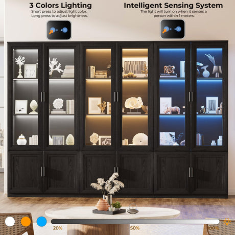 BROTTAR 67" Tall Curio Display Cabinet with Glass Doors, Large Storage Cabinet with LED Lights & Motion Sensor for Collectibles, Book, 4-Tier China Cabinet Bookcase for Living Room (Black) BROTTAR