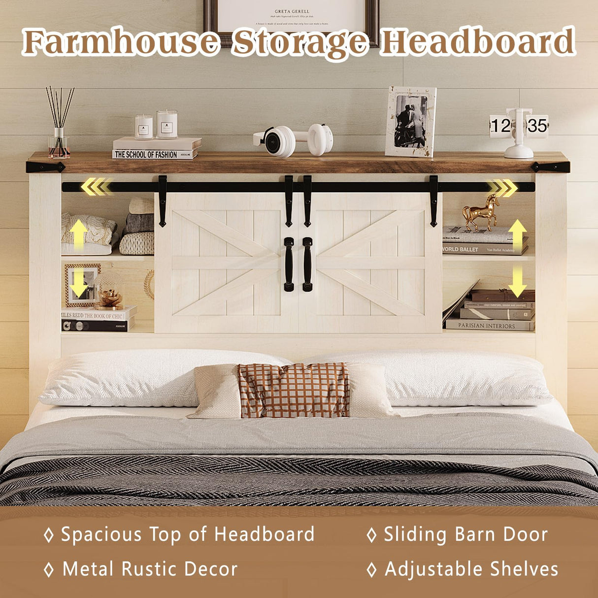 LUXOAK Farmhouse Bed Frame with Sliding Barn Door Storage Headboard, Full Size Bookcase Bed with Charging Station & Adjustable Shelf, No Box Spring Needed, Antique White LUXOAK