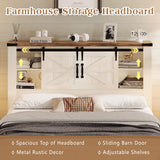 LUXOAK Farmhouse Bed Frame with Sliding Barn Door Storage Headboard, Full Size Bookcase Bed with Charging Station & Adjustable Shelf, No Box Spring Needed, Antique White LUXOAK