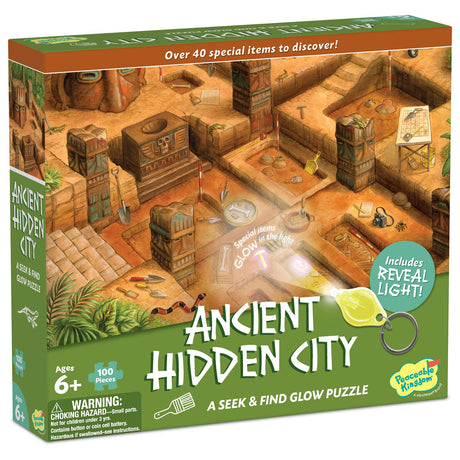 Peaceable Kingdom Ancient Hidden City Puzzle – 100-Pc. Seek & Find Glow Puzzle for Kids Ages 6 & Up – Included Blacklight Reveals Hidden Items – Great for Home or Classrooms Peaceable Kingdom