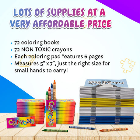 Bulk Coloring Books For Kids (72 Pack) Mini Coloring Books & Crayons, Party Favors, Fun Activity, Giveaways, Mini Travel Books | Assorted Designs Bottles N Bags