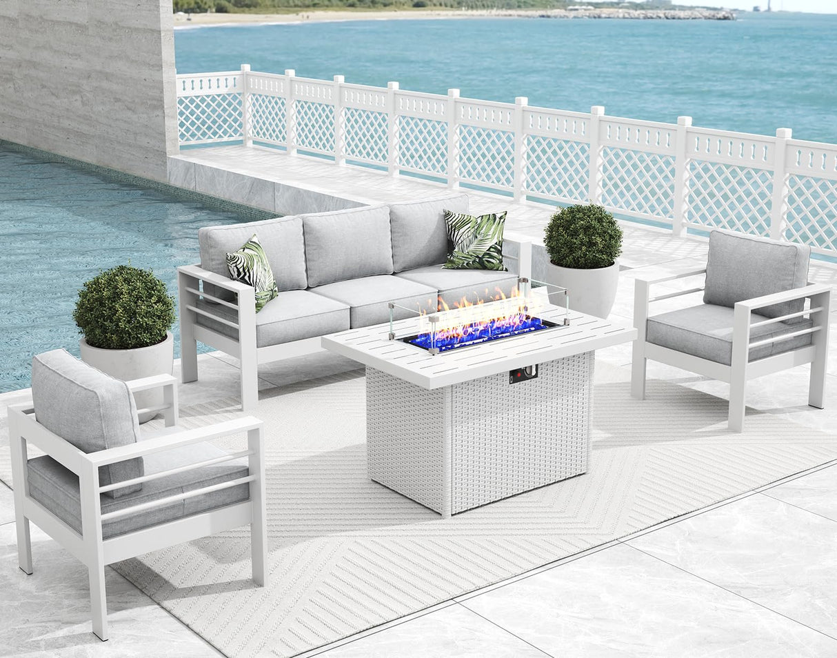 Vakollia 4 Pieces Modern Aluminum Patio Furniture Set with Fire Pit Table, Outdoor Conversation Sets Metal Sectional Sofa Vakollia