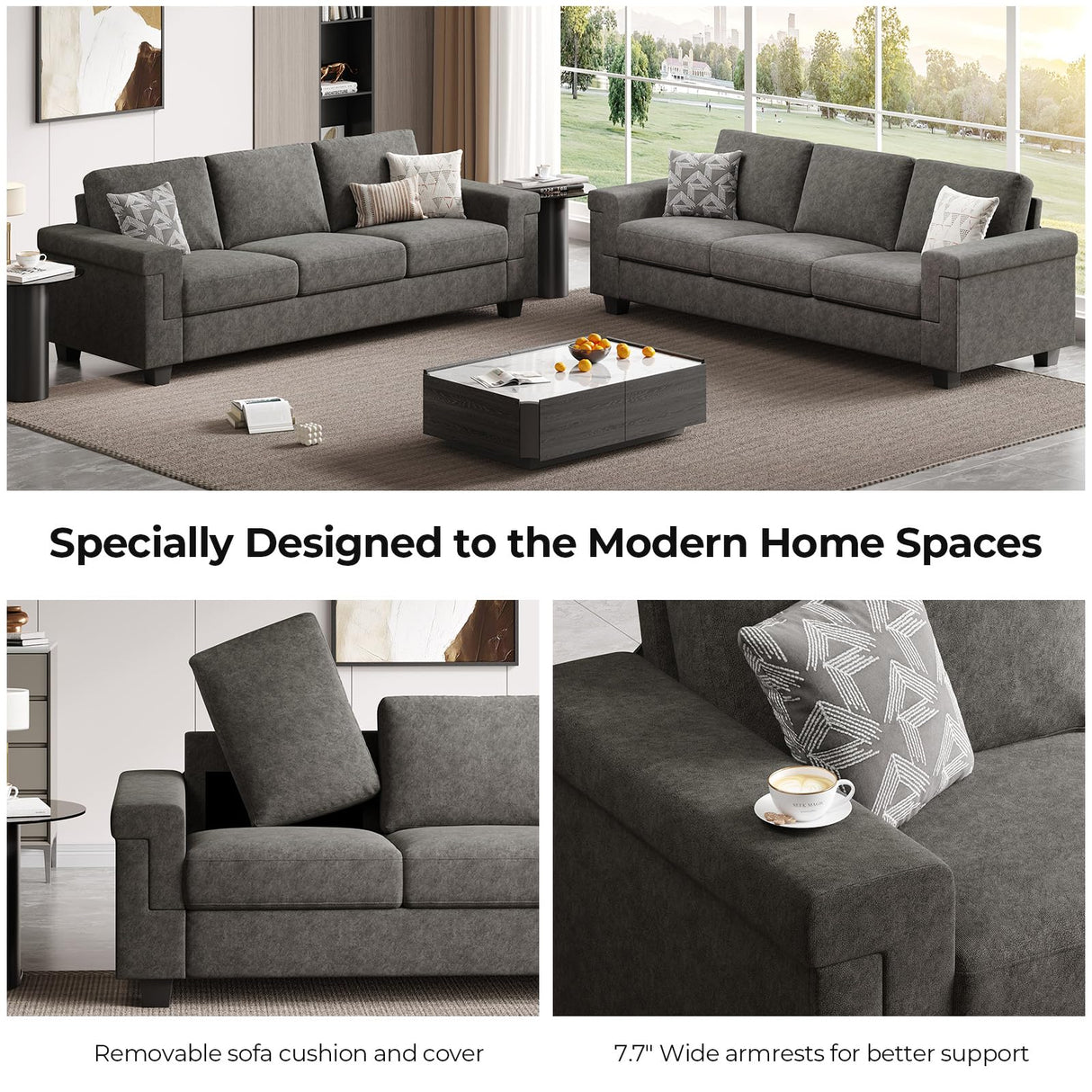 COPIAE 3 Seater Sofa Couch with Deep Seat, 90" Modern Upholstered Sofa with Armrests, Easy Installation, Comfy Couches for Living Room, Apartment, Gray COPIAE