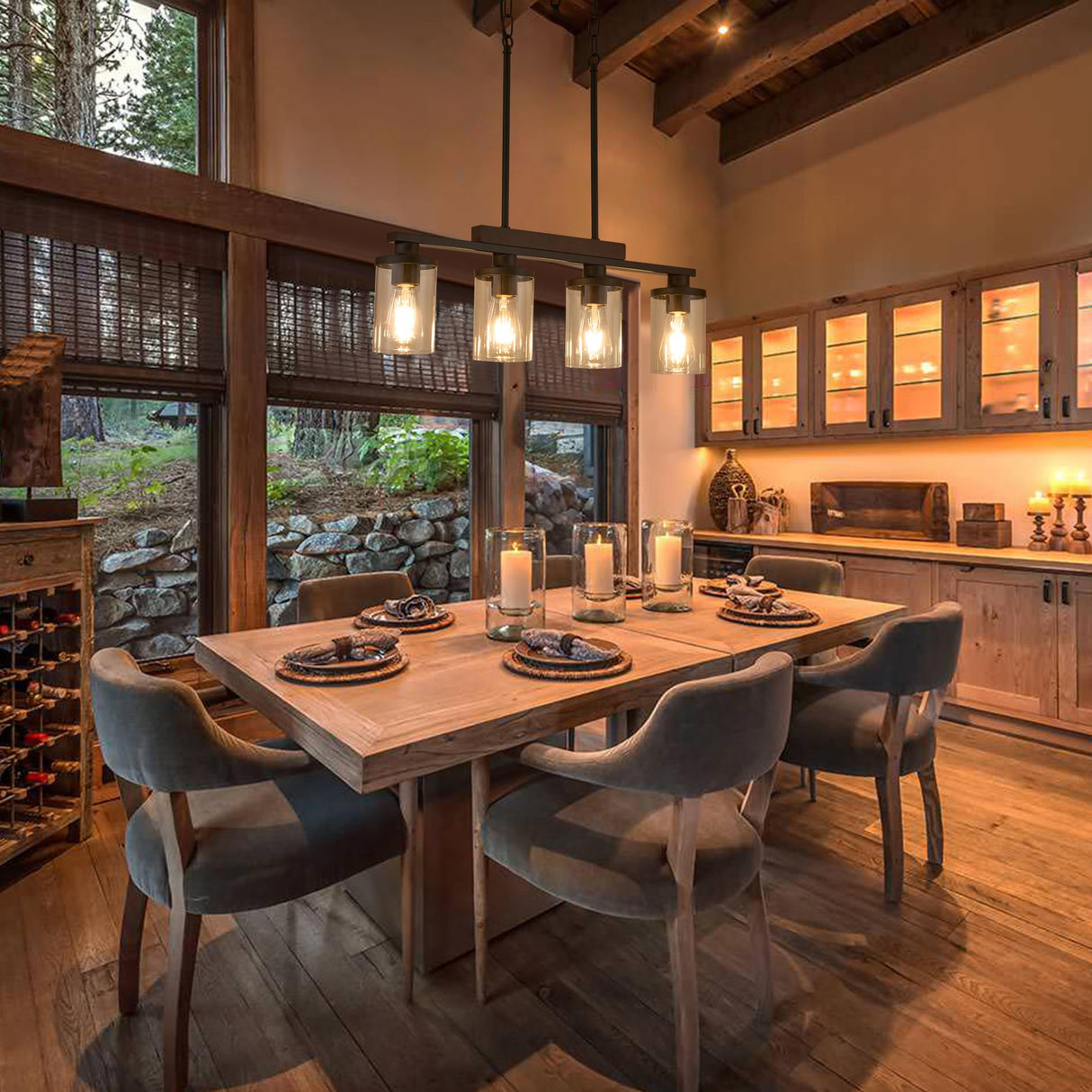 Wood Kitchen Island Lighting,4-Light Farmhouse Dining Room Light Fixture Matte Black Modern Chandeliers for Dining Room Over Table Hanging Pendant Light with Glass Shade for Bar Restaurant TWIG