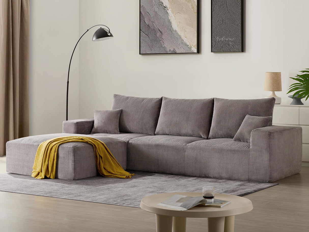 Sectional Modern Sleeper Sofa Couches for Living Room-113'' Grey 3 Seater L-Shaped Lounge Cloud Couch-No Assembly Modular Corduroy Convertible Sponge Compression Sofas with Chaise for Home House Living&Giving