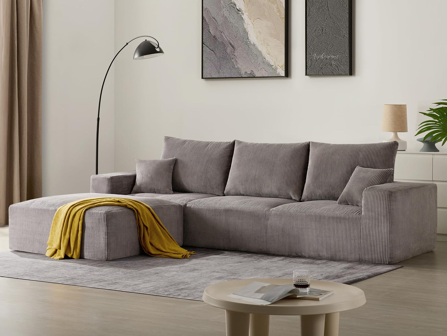 Sectional Modern Sleeper Sofa Couches for Living Room-113'' Grey 3 Seater L-Shaped Lounge Cloud Couch-No Assembly Modular Corduroy Convertible Sponge Compression Sofas with Chaise for Home House