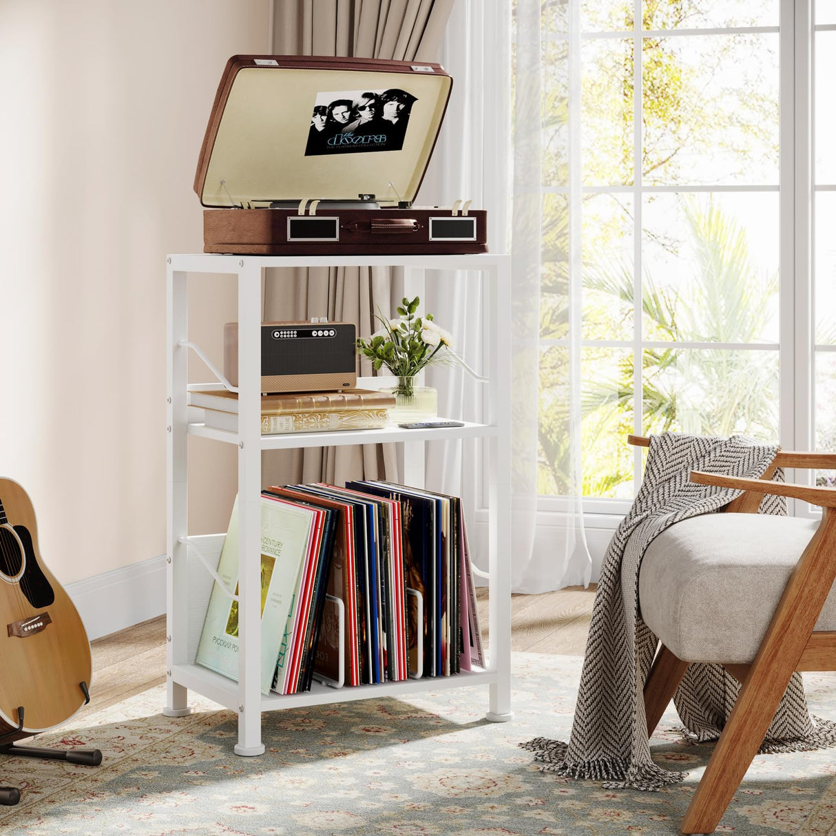 Hosfais 3 Tier Record Player Stand, Retro Vinyl Record Storage End Table Records Shelf for Living Room Bedroom (White) Hosfais