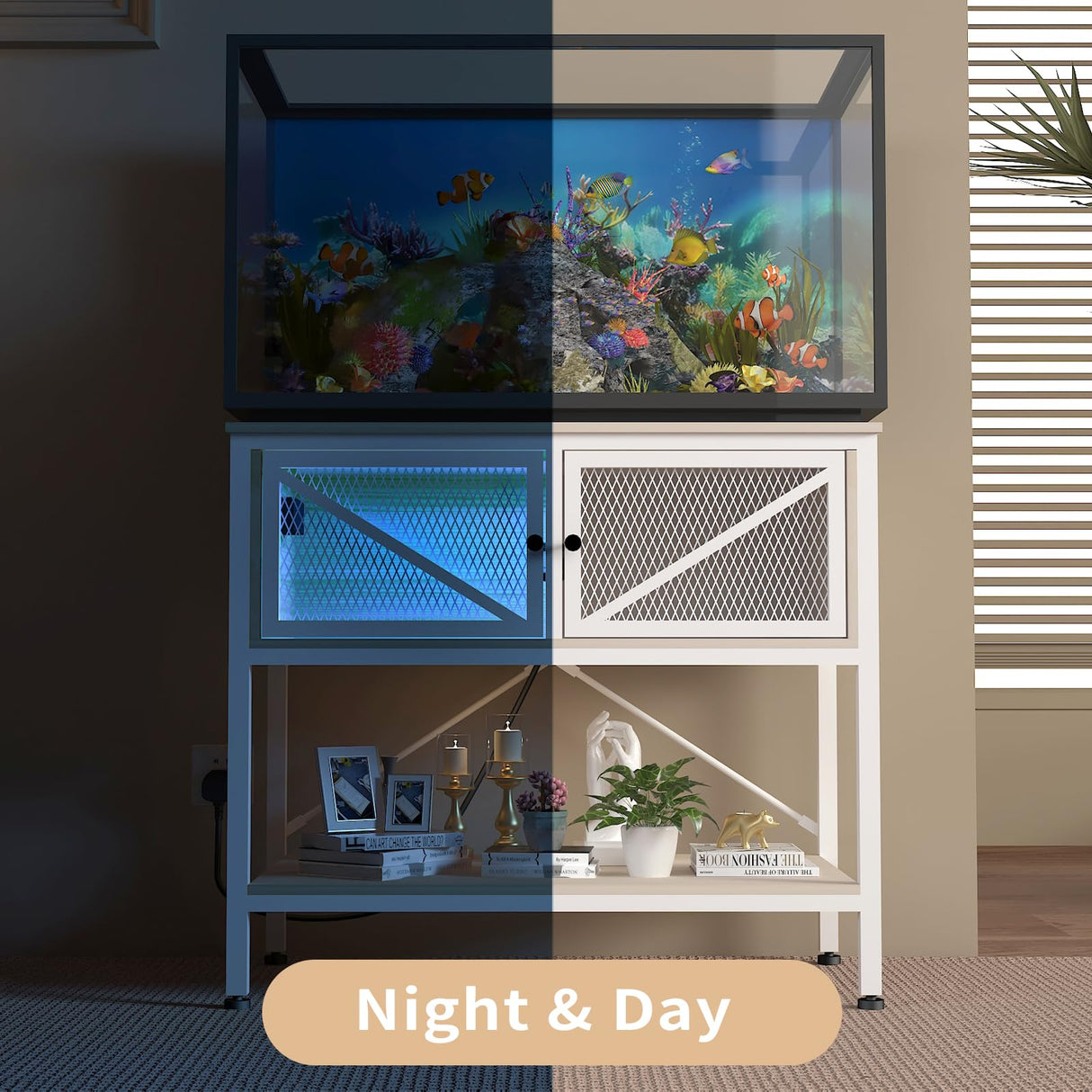 Avolander 40-50 Gallon Fish Tank Stand, Aquarium Stand with Power Outlets & LED Light, Cabinet for Fish Tank Accessories Storage, Heavy Duty Metal Frame, 760LBS Capacity, White Avolander