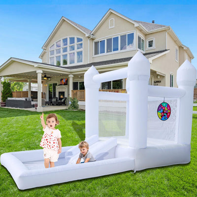 White Inflatable Bounce House Kids Inflatable White Bounce House with UL Blower, Large Ball Pool and Spacious Fun Room Bounce House for Kids 3-12
