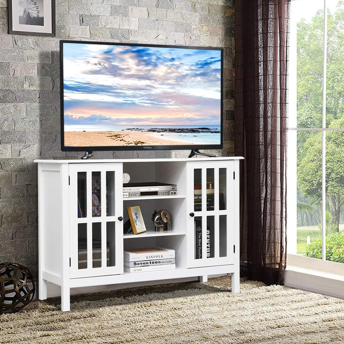 Tangkula White TV Stand, Modern Tall Entertainment Center for TVs up to 50", Media Console w/2 Storage Cabinets & 3 Open Shelves, Wire Hole, Wood TV Console Table for Living Room, White - WoodArtSupply