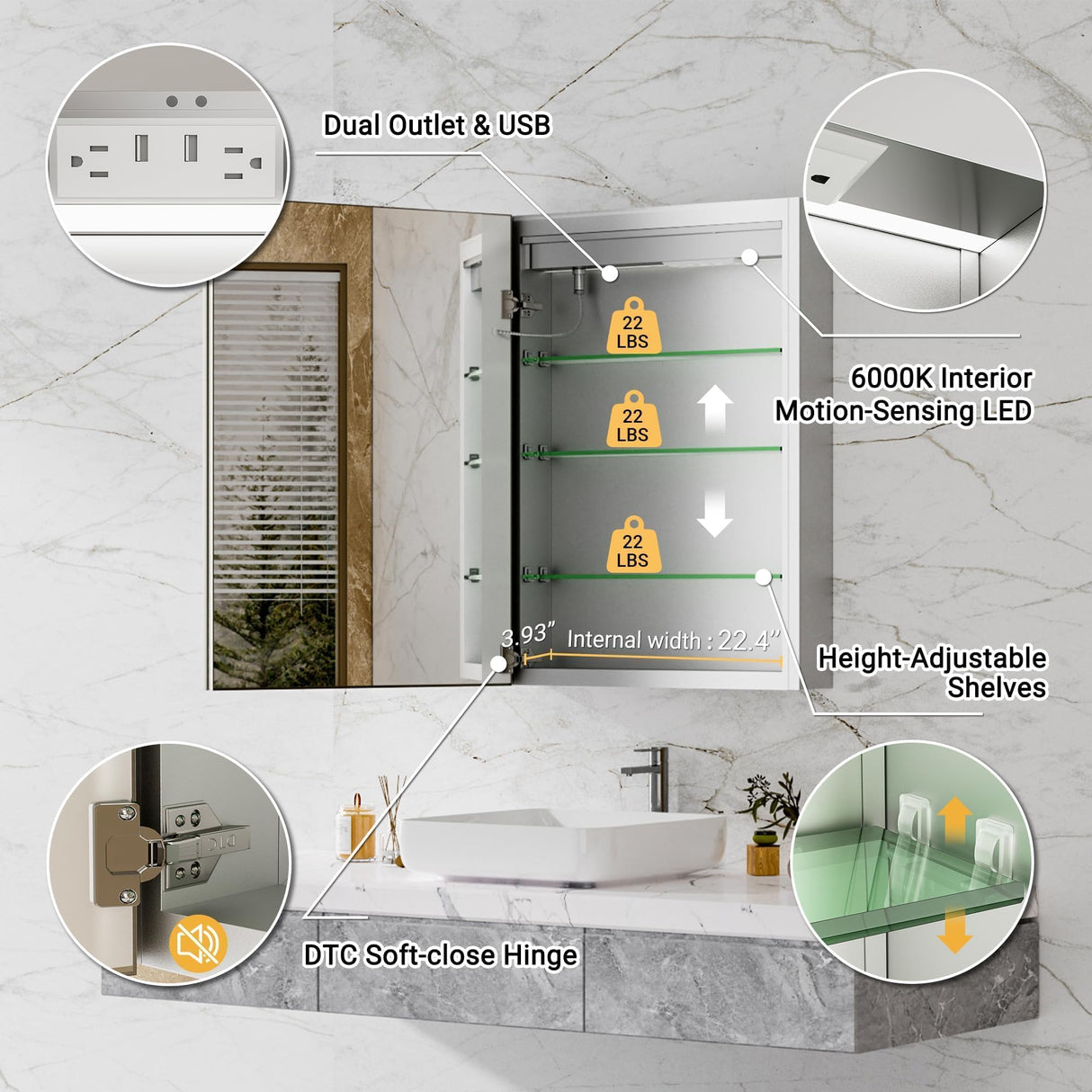 QueenFun 24x32 Lighted Medicine Cabinet with Mirror, Beveled Brushed Nickel Framed Surface or Recessed Fogless Dimmable LED Medicine Cabinet with Outlet, Time Display and Sensor Inner Light QueenFun