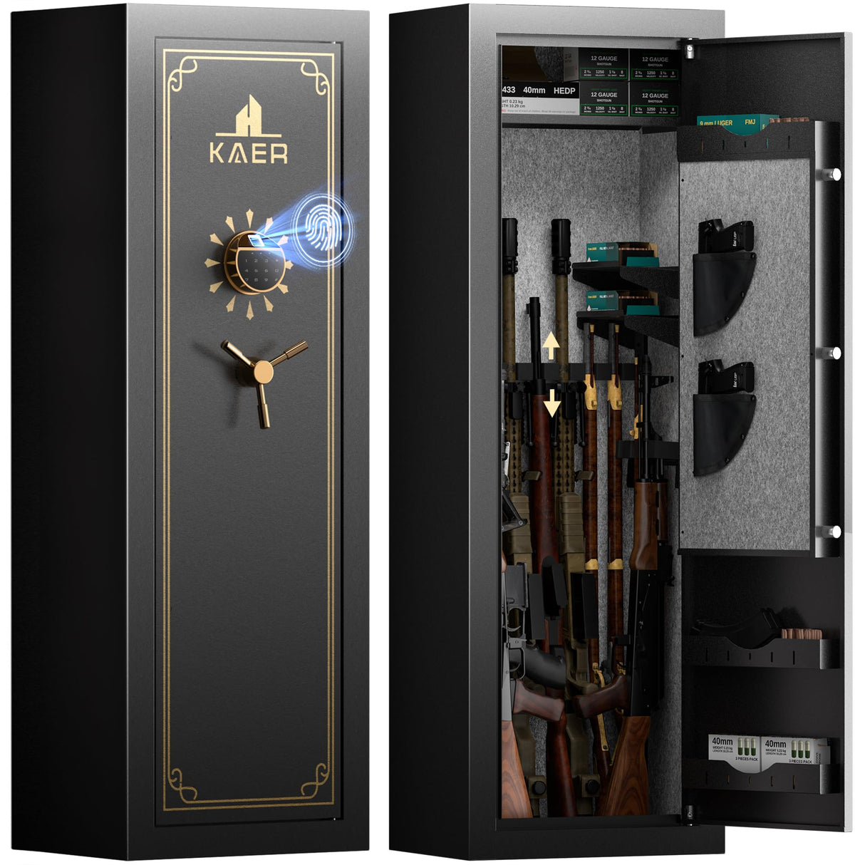 KAER 20 Biometric Gun Safe, Wider and Deeper Fingerprint Gun Safes for Rifle and Pistols, Large Quick Access Heavy-Duty Gun Cabinet for Firearm Ammo with Removable Shelf & Gun Rack, Assembled KAER