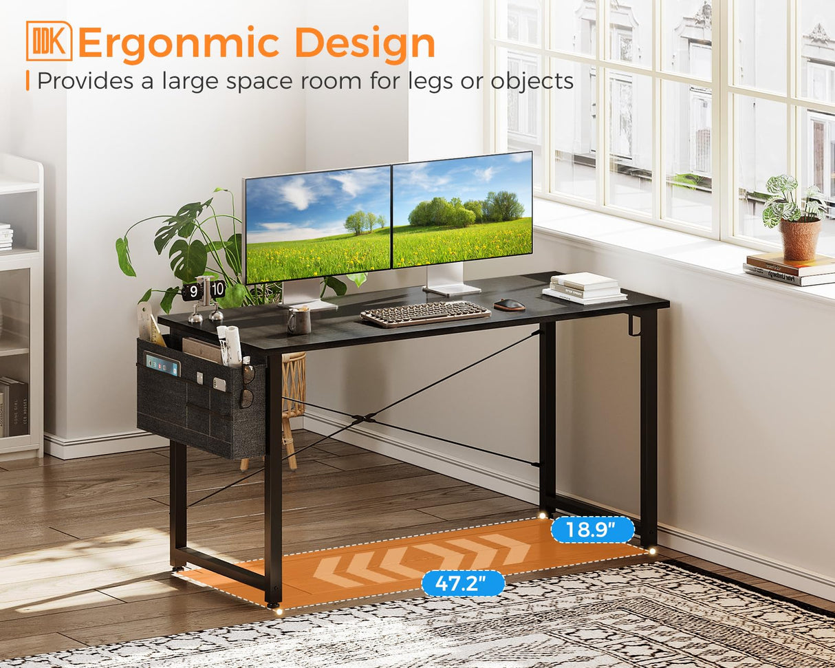 ODK Computer Desk Large Office Desk, 48 Inch Writing Desk with Storage, Modern PC Desk Work Table with Headphone Hook for Home Office, Black ODK