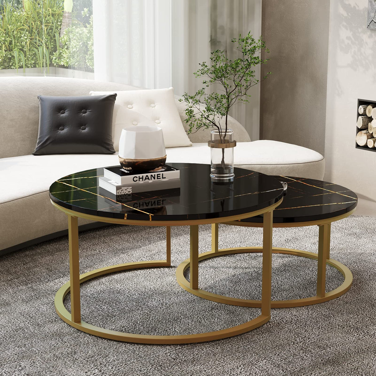 WiberWi Round Coffee Table Nesting Tables Set of 2, Large : Ø 34.0", Small : Ø 26.0", Modern Design Coffee Tables for Living Room, Gold Metal Frame Circle Cocktail Table, High Glossy Faux Black Marble WiberWi