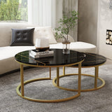 WiberWi Round Coffee Table Nesting Tables Set of 2, Large : Ø 34.0", Small : Ø 26.0", Modern Design Coffee Tables for Living Room, Gold Metal Frame Circle Cocktail Table, High Glossy Faux Black Marble WiberWi