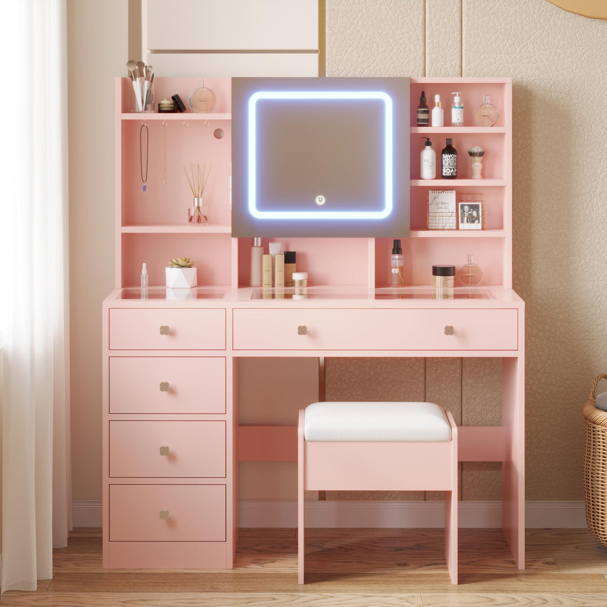 Karl home Makeup Vanity with Lighted Mirror Bedroom Vanity Desk with Charging Station Large Vanity Set with Transparent Desk, Drawers, Cabinet, Shelves for Storage in Bedroom, Light Pink Karl home