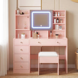 Karl home Makeup Vanity with Lighted Mirror Bedroom Vanity Desk with Charging Station Large Vanity Set with Transparent Desk, Drawers, Cabinet, Shelves for Storage in Bedroom, Light Pink Karl home