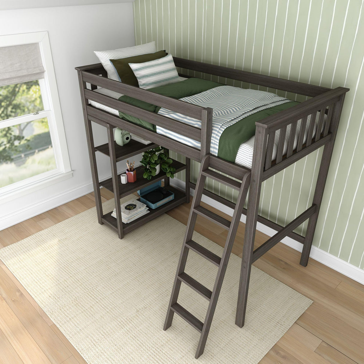 Max & Lily High Loft Bed, Twin Bed Frame For Kids With Bookcase, Clay Max & Lily