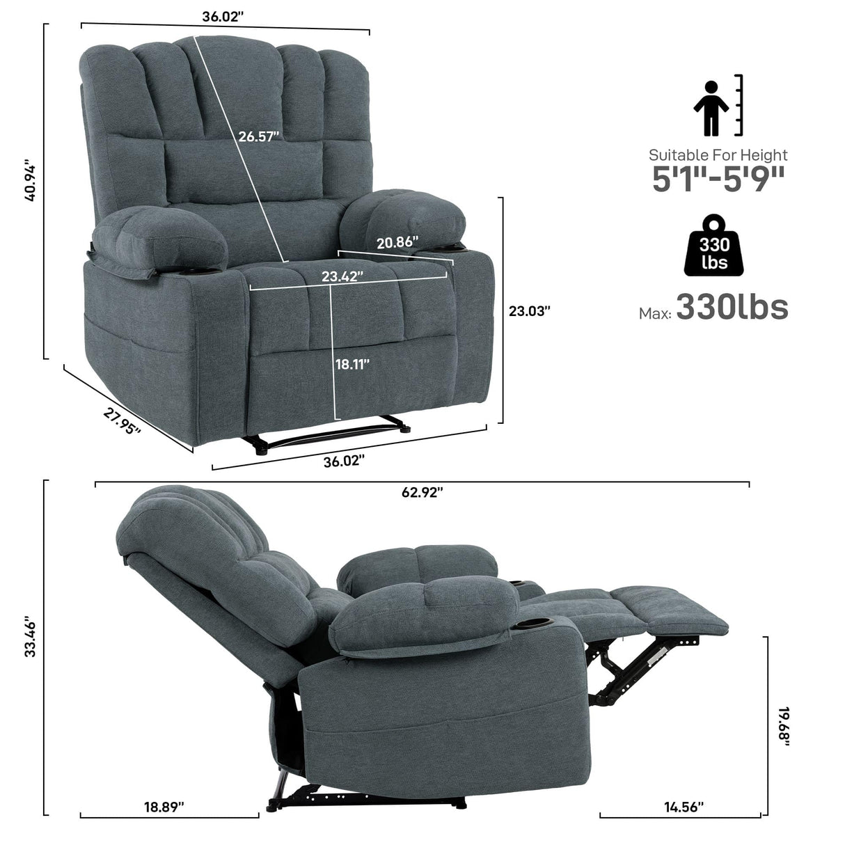 HSUFLWS Massage Chair Recliner with Heat&Lazy Boy Recliner Chair for Adults,Manual Recliner Chair with Cup Holder,Oversized,Adjustable Backrest,Footrest,2 Pockets,Heavy Duty(Grey) HSUFLWS