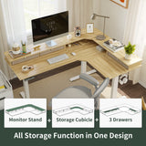 FEZIBO Triple Motor 63" L Shaped Standing Desk with 3 Drawers, Electric Standing Desk Adjustable Height, Corner Stand up Desk with Splice Board, White Frame/Natural Top FEZIBO