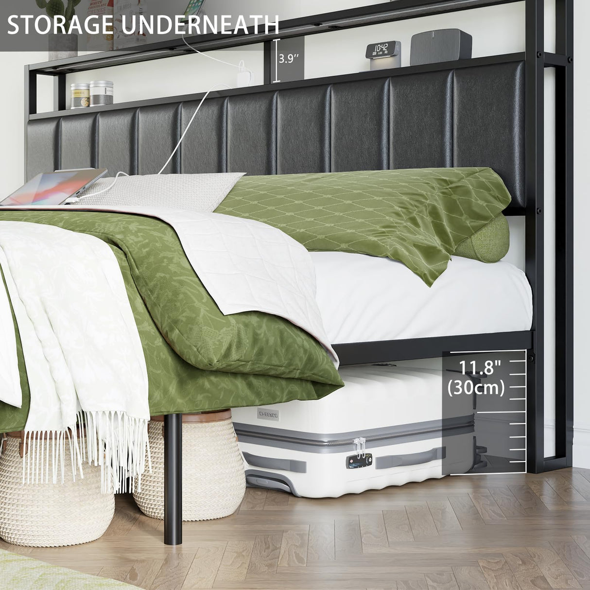 AMERLIFE Rustic Grey LED King Bed Frame with Storage Drawers & Charging Station Headboard AMERLIFE