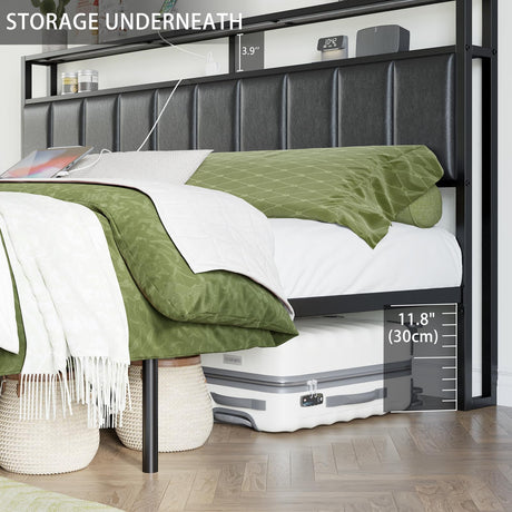 AMERLIFE Rustic Grey LED King Bed Frame with Storage Drawers & Charging Station Headboard AMERLIFE