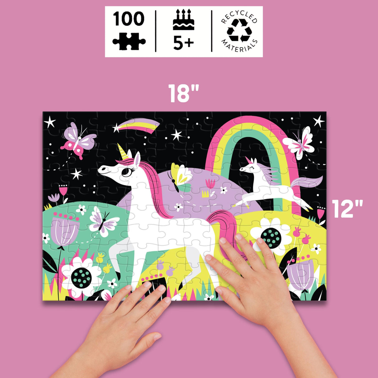 Mudpuppy Unicorns – 100 Piece Glow In The Dark Jigsaw Puzzle with a Wondrous Scene of Magical Unicorns and Hidden Hillside Details in the Dark Mudpuppy
