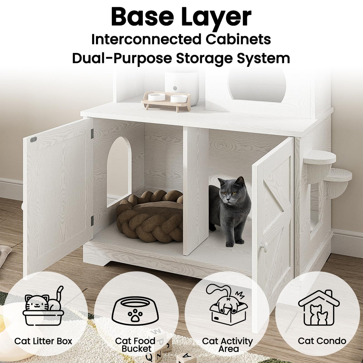ANCTOR Multifunctional Cat Cabinet Cat Litter Box Enclosure Furniture 3-Tier Storage Play Area Tall Litter Box Furniture with Storage Easy Assembly (35.5”H, White) ANCTOR