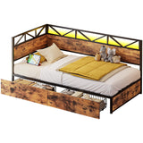 LIKIMIO Twin Daybed with Storage Drawers and Charging Station, Corner Bed Frames with Headboard and LED Lights, Industrial Brown LIKIMIO