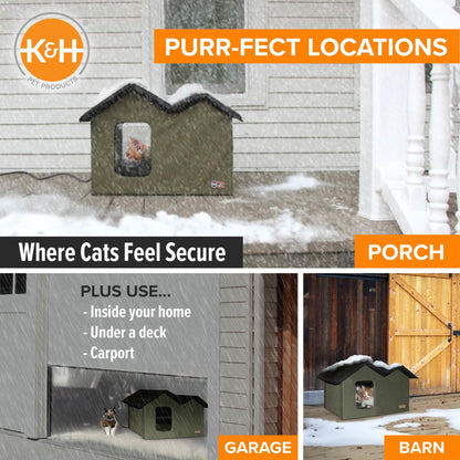 K&H Pet Products Heated Outdoor Cat House Extra-Wide Winter Shelter for Ferals - Cat House for Outdoor Cats, Heated Kitty House for Outside Weatherproof Insulated Protection 26.5" X 21.5" X 15.5"