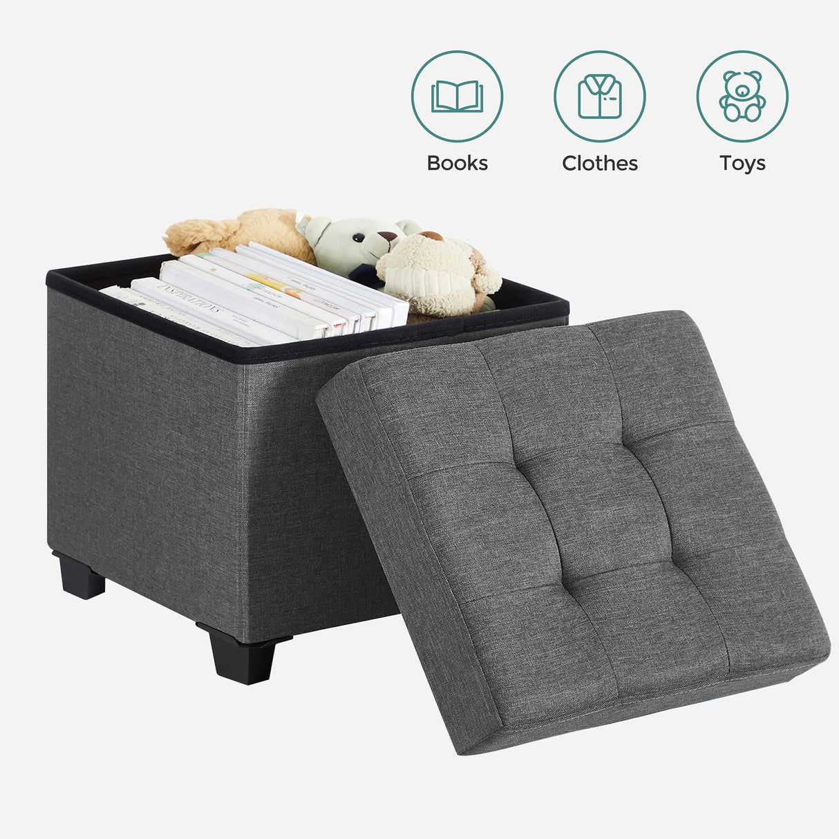 SONGMICS 15 Inches Cube Storage Ottoman, Bedroom Bench with Storage, Foot Stool with Feet, Holds Up to 660 lb, Dark Gray ULSF14GYZ SONGMICS