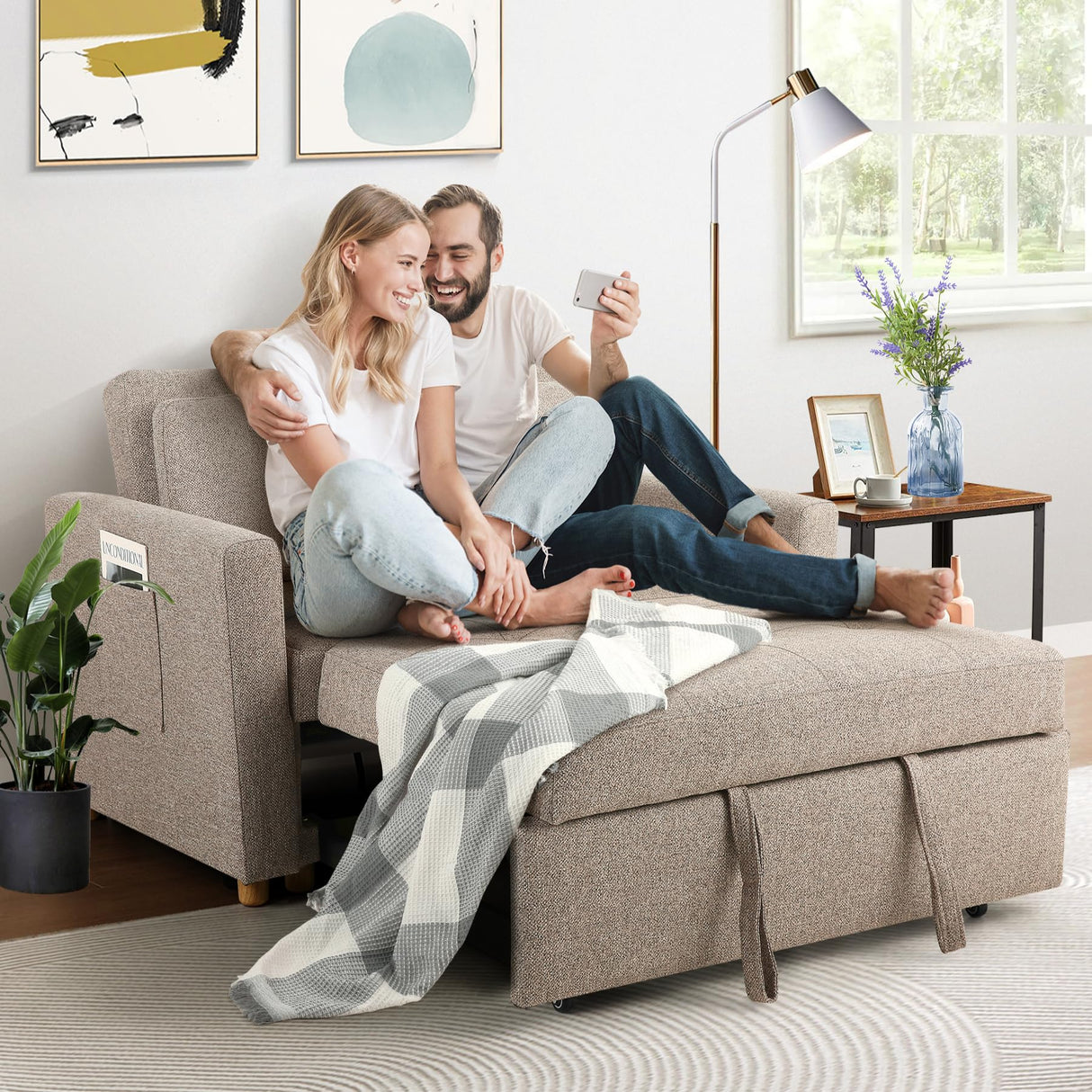 SEJOV 3-in-1 Convertible Sofa Bed, Linen Fabric Sleeper Couch Pull Out Bed, 49" 2-Seater Loveseat Futon Sofa with Spring Support, Adjustable Backrest and Pillows for Small Spaces, Living Room SEJOV