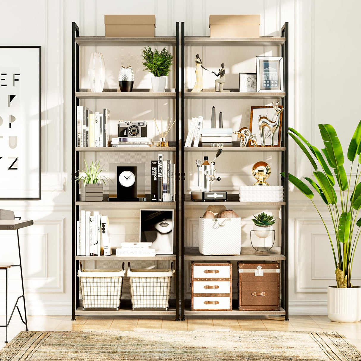 NUMENN Bookshelf, 6 Tier Bookshelves, Home Office Bookcase Shelf Storage Organizer, Free Standing Storage Shelving Unit for Bedroom, Living Room and Home Office, Grey NUMENN