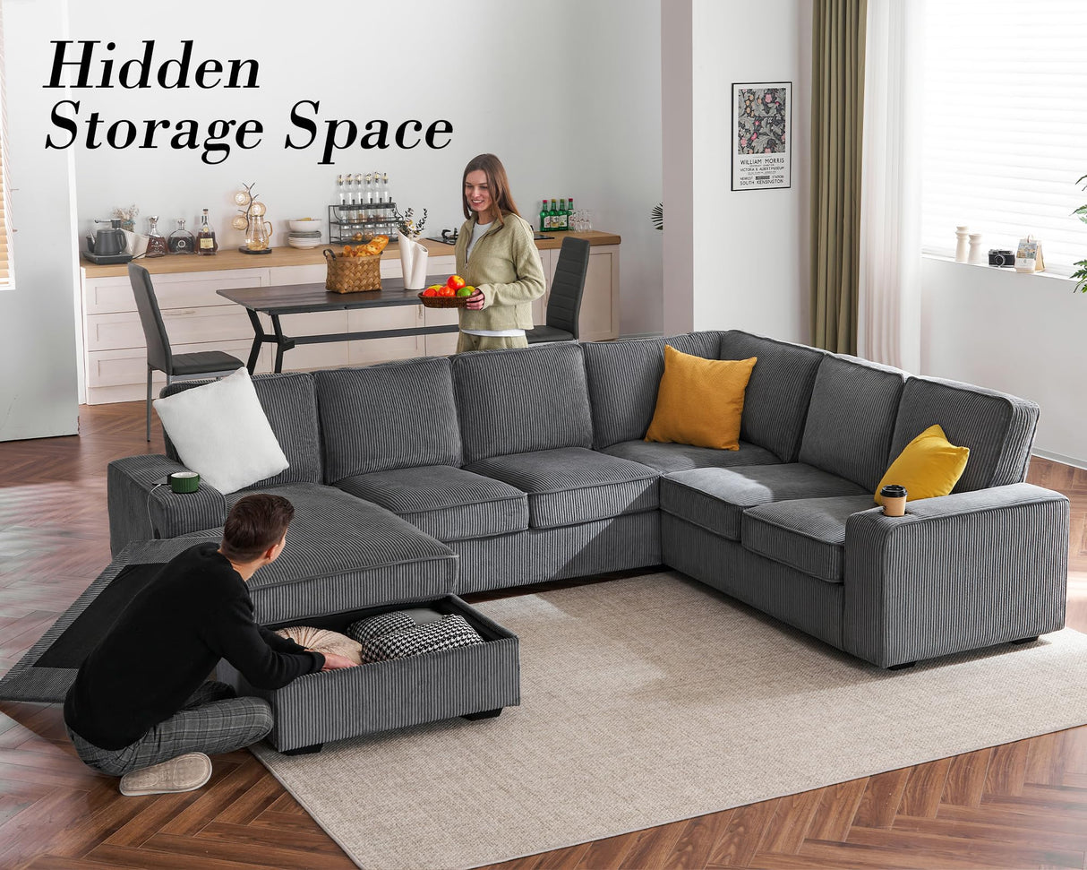 PaPaJet U Shaped Couch, 112 Inch Oversized Couch with Storage Chaise, Sectional Sofa with Cup Holders & 2 USB Ports, Corduroy Grey Sofa PaPaJet