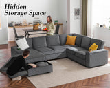 PaPaJet U Shaped Couch, 112 Inch Oversized Couch with Storage Chaise, Sectional Sofa with Cup Holders & 2 USB Ports, Corduroy Grey Sofa PaPaJet