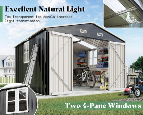AMERLIFE 10x12x7 FT Galvanized Steel Storage Shed with 2 4-Pane Windows Hinged Double Doors, Outdoor Shed for Backyard, Garden, Patio, Dark Grey/White AMERLIFE