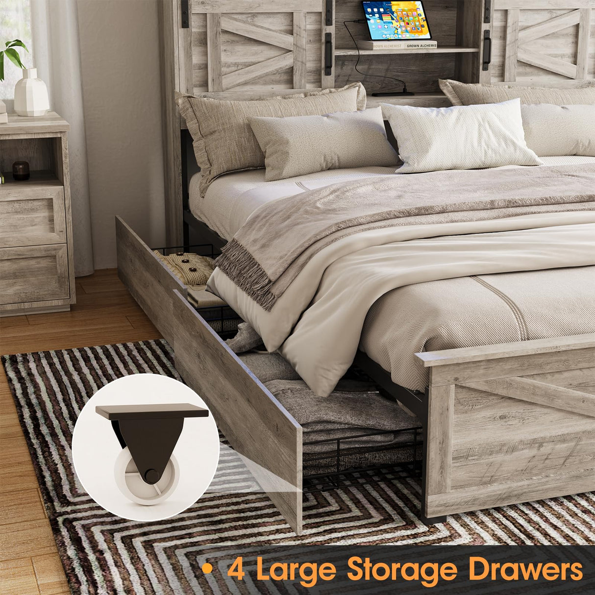 Fameill Farmhouse King Size Bed Frame with 4 Drawers and Bookcase Headboard, Sliding Barn Door Storage Shelves, LED Lights and Charging Station, No Box Spring Needed, Grey Fameill