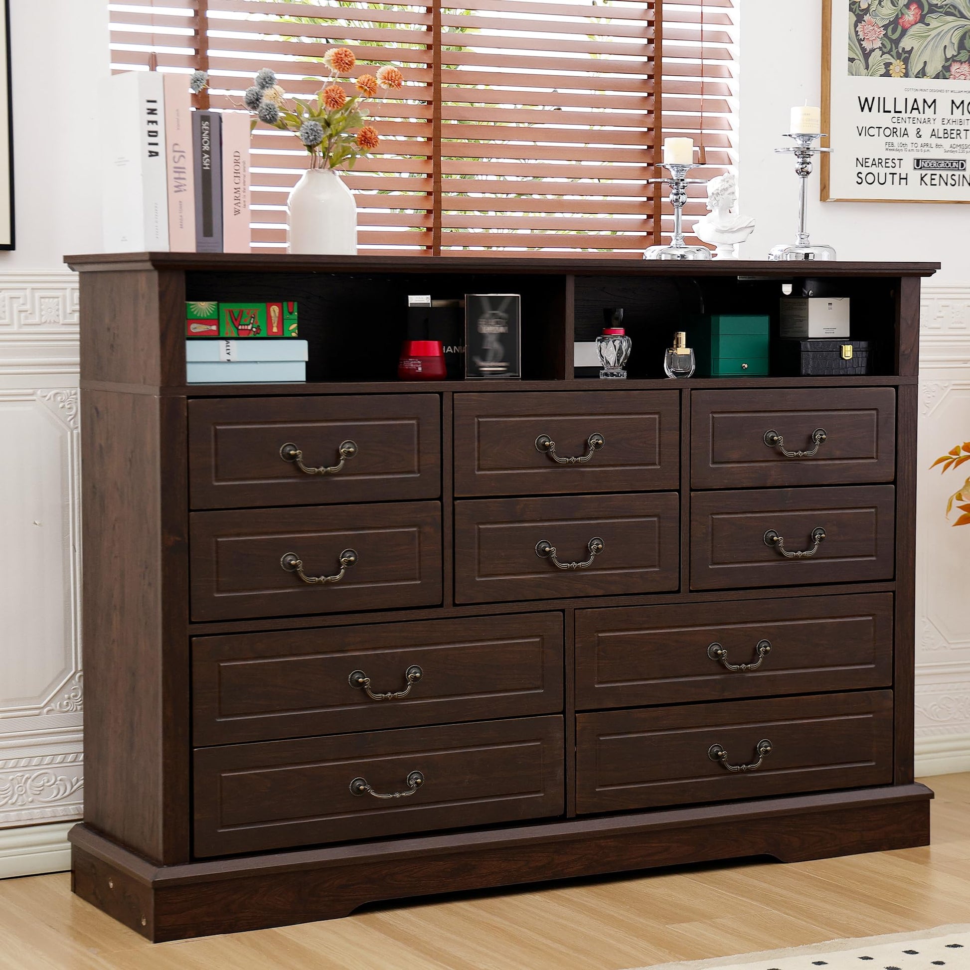 EnHomee Farmhouse Dresser for Bedroom 55.2''Wide Wood Dresser with LED & Power Outlet Vintage 10 Drawers Dressers & Chests of Drawers Long Dresser TV Stand, Closet, Entryway, Rustic Brown - WoodArtSupply