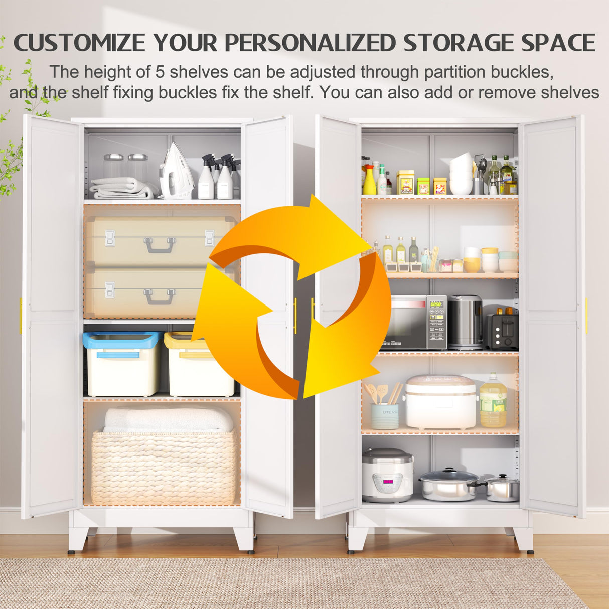 GAIOUS 75.2" Tall Pantry Cabinet, Kitchen Pantry Storage Cabinets with 2 Door and 5 Adjustable Shelves, White Metal Pantry Storage Cabinet, Cupboard for Kitchen, Dining Room, Living Room and Bathroom GAIOUS