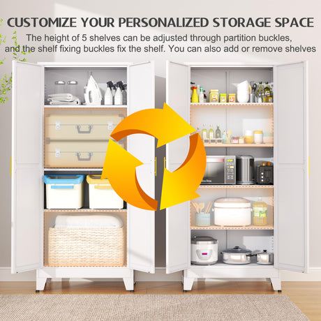 GAIOUS 75.2" Tall Pantry Cabinet, Kitchen Pantry Storage Cabinets with 2 Door and 5 Adjustable Shelves, White Metal Pantry Storage Cabinet, Cupboard for Kitchen, Dining Room, Living Room and Bathroom GAIOUS