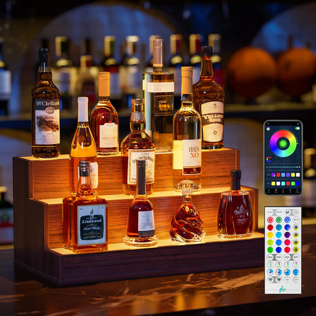 Cubehom LED Lighted Liquor Bottle Display Shelf, 24 Inch Bar Display Shelf with App & Remote Control 3 Tier for Home Bar, Party, Walnut Cubehom