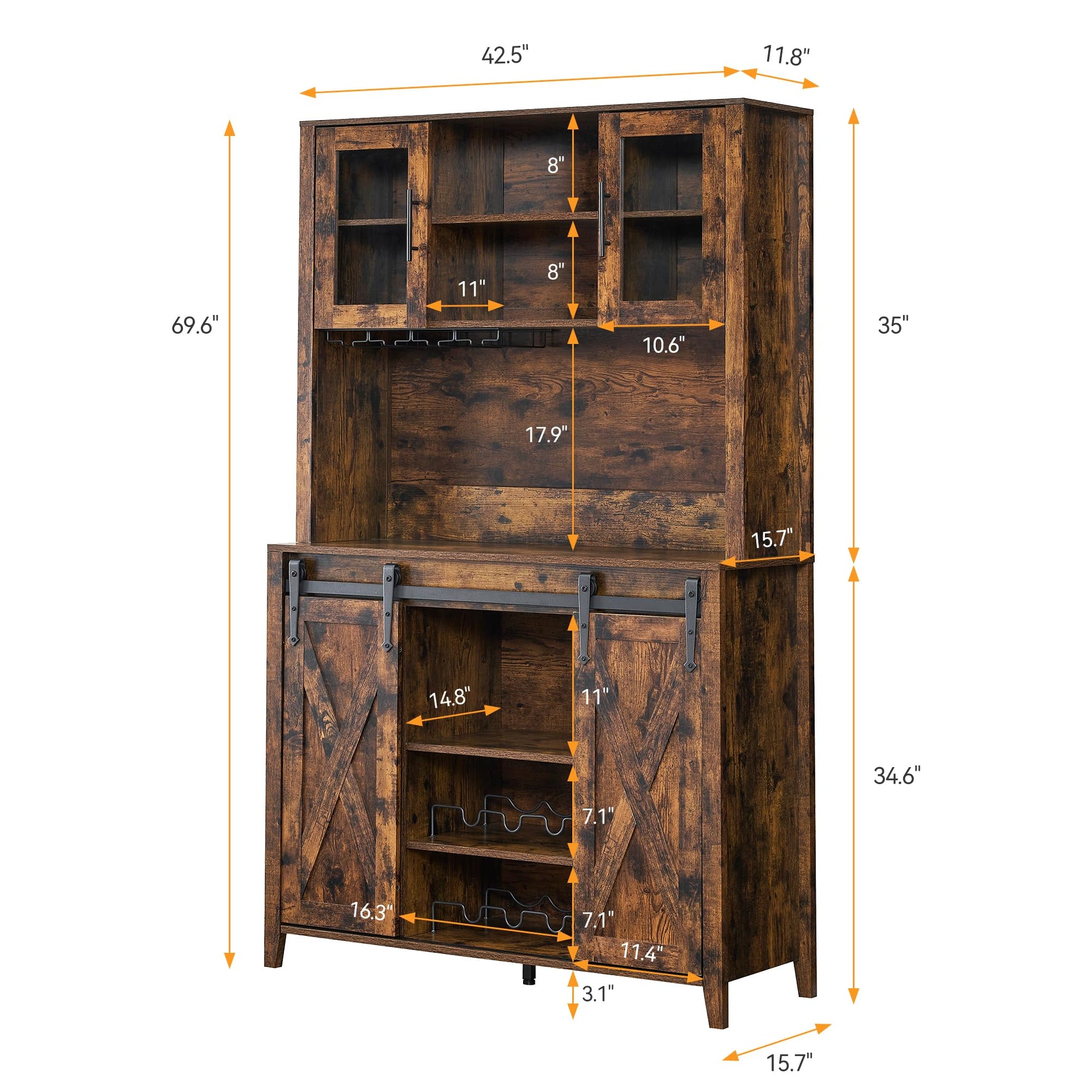 IDEALHOUSE Farmhouse Coffee Bar Cabinet with Sliding Barn Door, 72" Tall Buffet Cabinet with Storage Shelves, Liquor Cabinet with Wine and Glasses Rack,Sideboard Cupboard for Kitchen,Dining R - WoodArtSupply